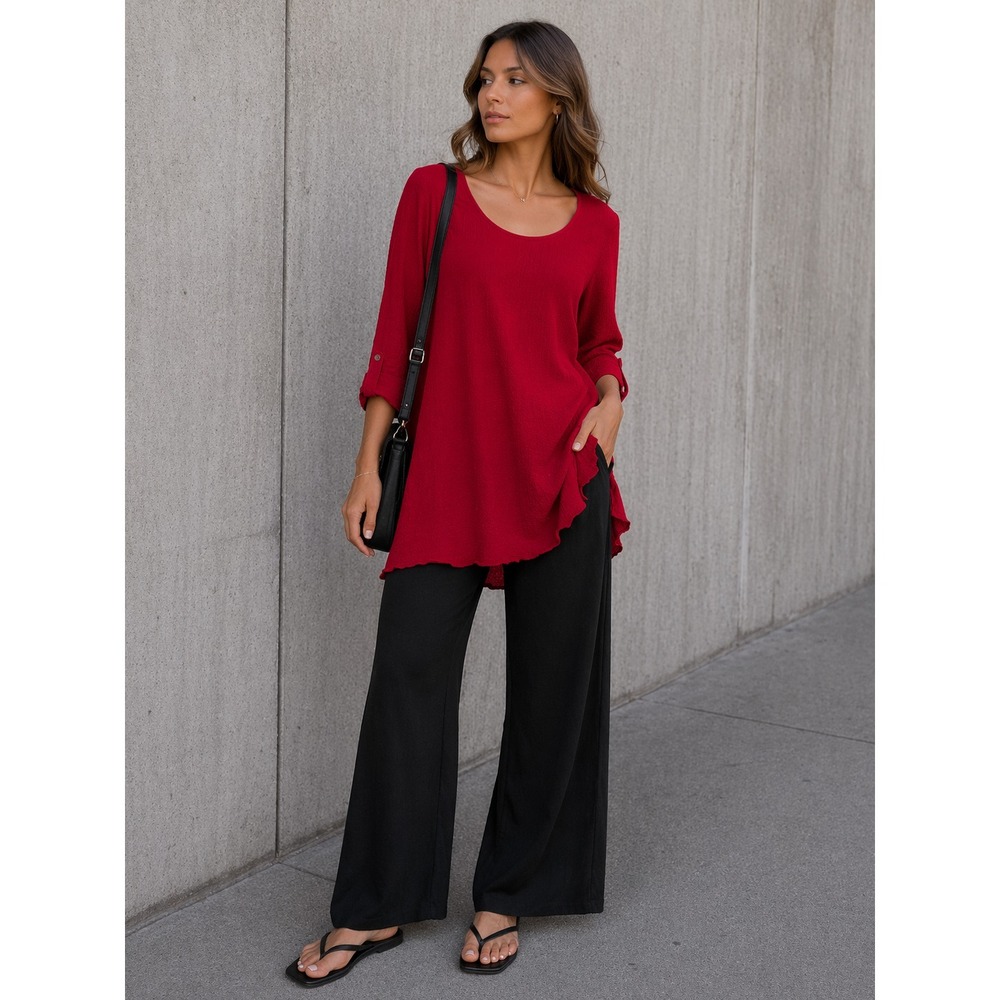 Ali Miles Red Lagenlook Tunic Top 1X Textured Crinkle Flowy Artwear Boho‎ Chic